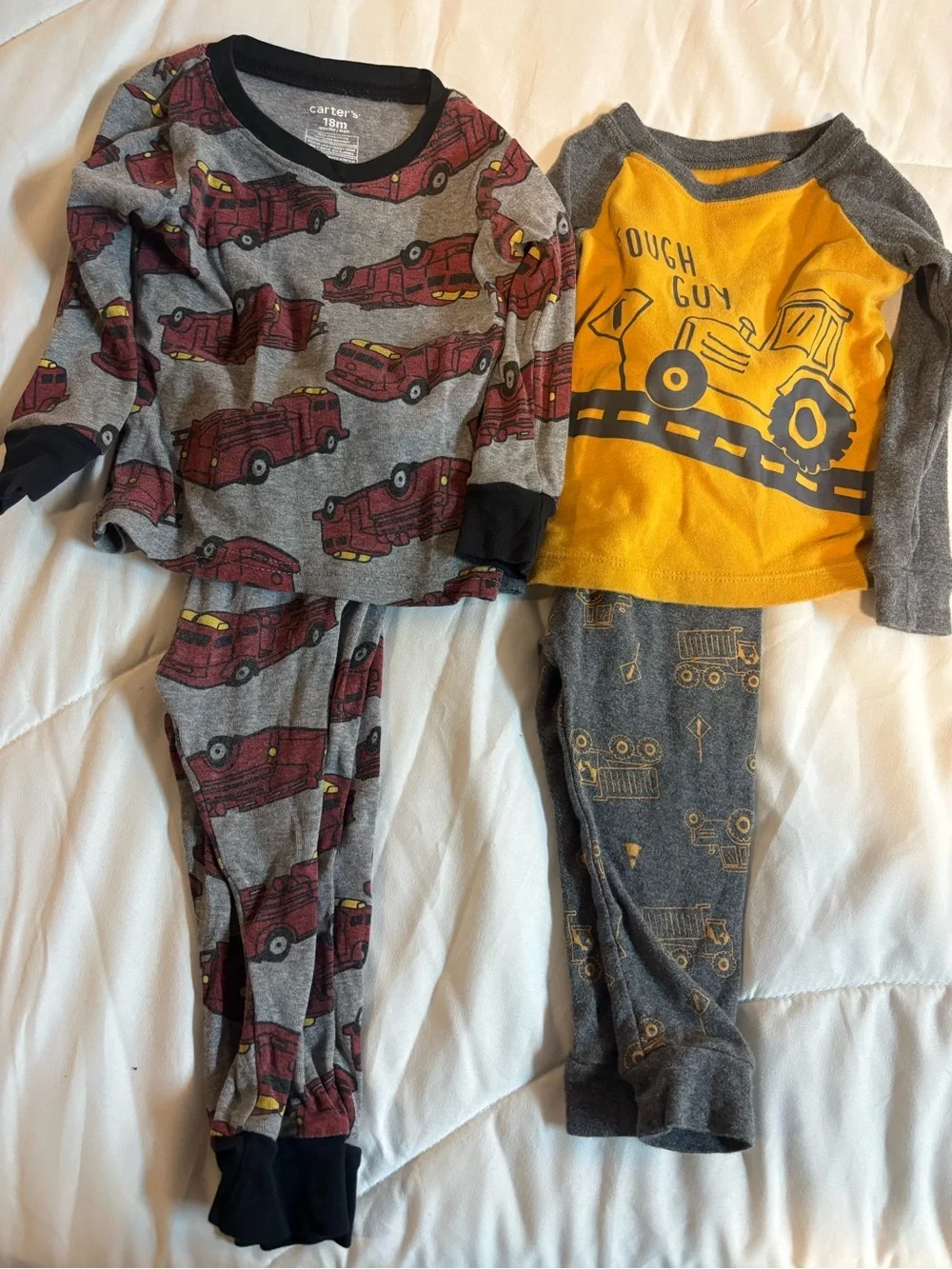 Set of 2 Boys Gray and Yellow Construction & Firetruck Pajama Sets size 18 month